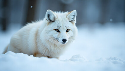 Naklejka premium Arctic Fox in Pristine Snow Covered Environment Highlighting Winter Wildlife Survival and Polar Ecosystem Beauty