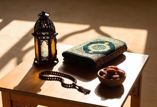 Ramadan: Ramadan lantern dates and prayer mat on a wooden table Keywords: Ramadan, Islamic, Muslim