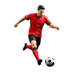 Obraz premium Polygonal soccer player in red kicking a ball