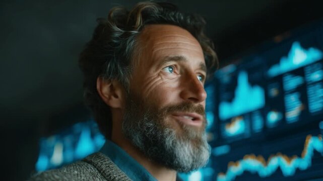 Visionary in Focus: An intellectual figure with a composed demeanor stands prominently, captured against a background of intricate technology.