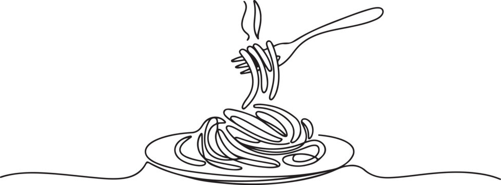 One single line drawing of fresh delicious Italian spaghetti logo vector illustration. Pasta fast food cafe menu and restaurant badge concept. one line Icon drawing