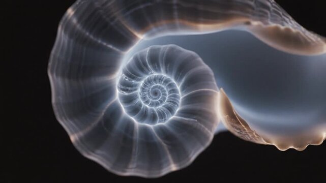 Scientific X-Ray Visualization of Translucent Nautilus Shell Spiral Fibonacci Pattern