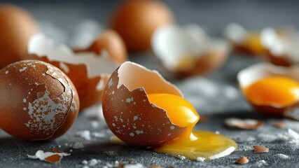 Broken eggs with transparent yolks and shells strewn across a gray surface - Powered by Adobe