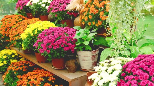 Bright blooming chrysanthemums in pots displayed on wooden shelves outdoors