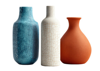 Three ceramic vases in varied colors and textures stand on a dark background
