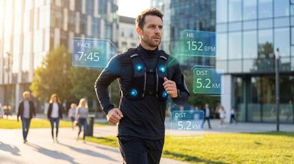 Running Man Tracks Heart Rate and Distance in a City Park During Afternoon Exercise With Fitness Technology