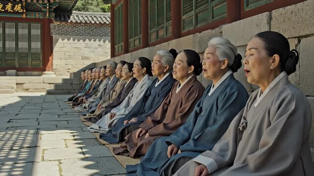 Elderly Korean women in traditional clothing meditating in a temple.