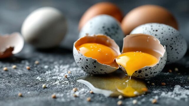 Broken eggs with transparent yolks and shells strewn across a gray surface