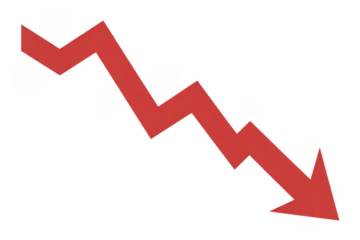 Red downward arrow graph on black red arrow downward trend isolated on a transparent background