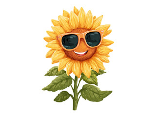 Fototapeta premium Cheerful cartoon sunflower wearing orange sunglasses and smiling yellow green, Isolated, Png Transparent Background