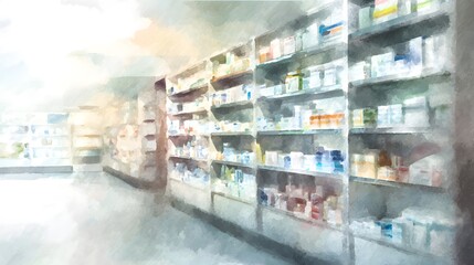Calm pharmacy shelves display medicine a watercolor illustration evoking health and professional indoor serenity