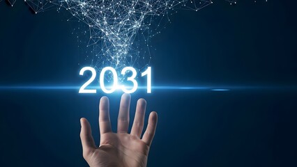Hand reaching towards the year 2031 displayed in glowing futuristic text against a cosmic background