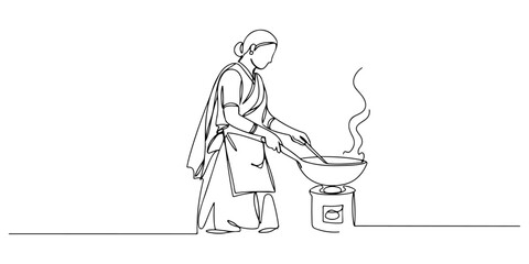 Obraz premium Continuous one line of a person cooking with a wok, symbolizing flavor, energy, and culture, drawn vector illustration.