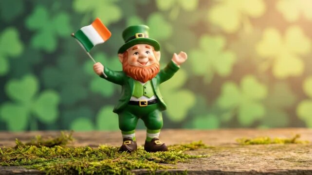 Leprechaun figure holding an Irish flag on a mossy surface for St Patricks Day celebration with shamrock background and bokeh lights