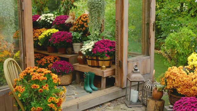 Bright autumn mums in pots inside a rustic wooden greenhouse with garden background