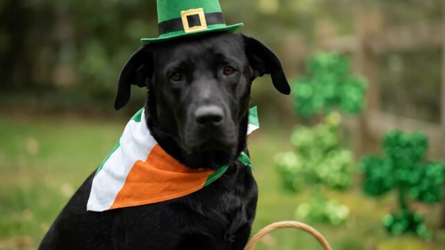 Black dog in a green hat with shamrocks and diverse group of men and women drinking beer for St. Patricks day celebration
