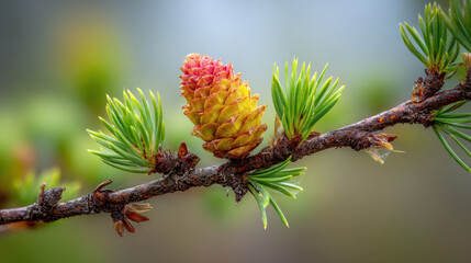 Budding Beauty: A close-up view of a vibrant pine cone with soft needles emerging from a branch.
