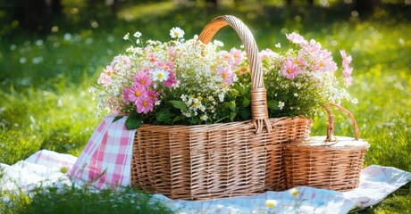 Wicker baskets filled with colorful flowers rest upon blanket. Sunny outdoor scene evokes peaceful summer vibes.