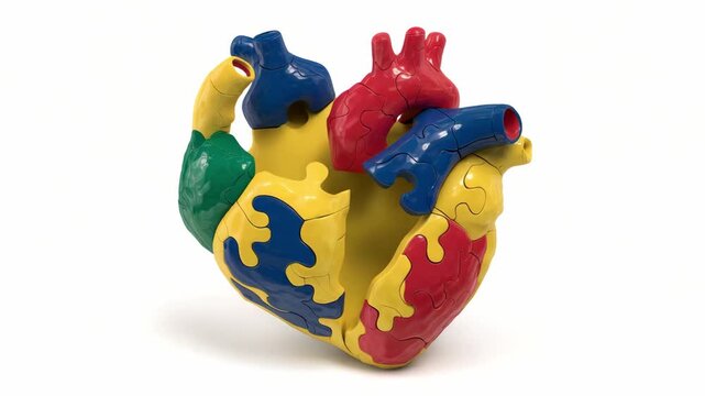 A colorful heart model made of puzzle pieces demonstrates human anatomy for educational use over white background