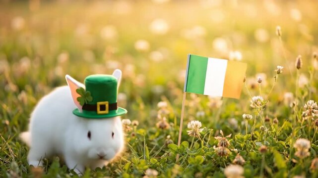 White rabbit wearing a green leprechaun hat with an ireland flag in a sunny clover field for saint patrick day