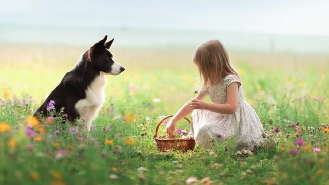 A girl in a floral dress picks wildflowers into a basket as her border collie watches in a blooming meadow, concept of spring harmony and gentle companionship