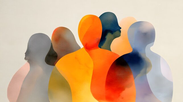 Vibrant abstract figures showcase unity a bold orange form leads this colorful conceptual illustration