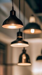 Obraz premium Warm light illuminates a modern loft interior showcasing stylish pendant lamps and a cozy serene atmosphere