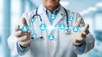 Healthcare professional uses a digital interface with patient data icons