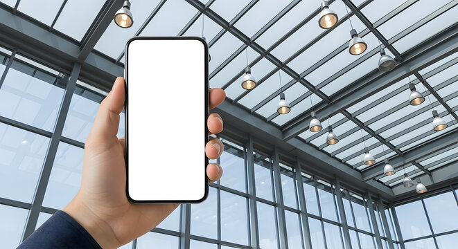 Hand holding smartphone in modern building