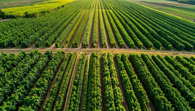 Aerial view of a vast agricultural field with neatly arranged rows of green crops