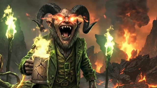 Spooky st patrick day theme with a devilish leprechaun in hell and a dog in a green hat