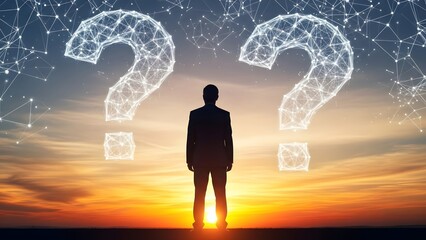 Man standing alone against a sunset with digitized question marks in the sky