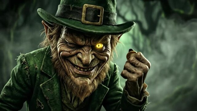 Wicked leprechaun holding coin changing to cute character pulling wagon of gold for saint patrick day tradition