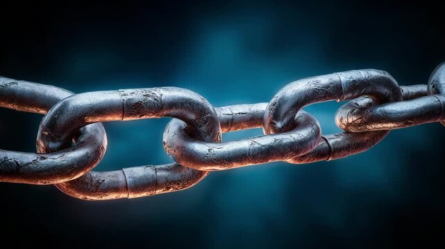 Metal chain links are connected in a close up view with a dark background and subtle blue highlights showing their texture and structure
