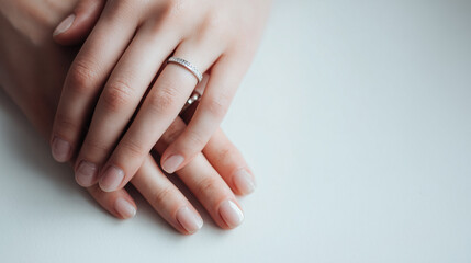 Fototapeta premium minimalist close-up of a couple's hands gently resting on each other with a shining silver wedding ring, conceptual photography of love, commitment, and marriage partnership.