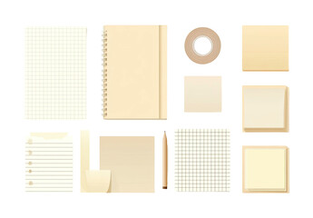 Fototapeta premium Collection of stationery essentials pads, tape, spiral notebook, pencil
