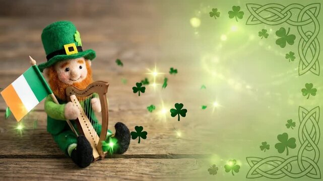 Leprechaun with harp and irish flag on wooden background for st patrick day with shamrock and green glowing light