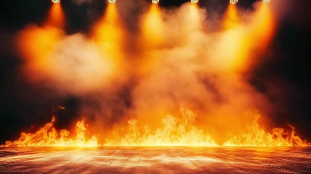 Fire dances on stage under bright lights at night with smoke and flames visible, creating dramatic background for a performance