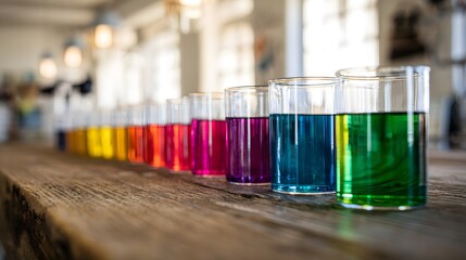 Vibrant science liquids showcase modern innovation on a rustic table inspiring research concepts