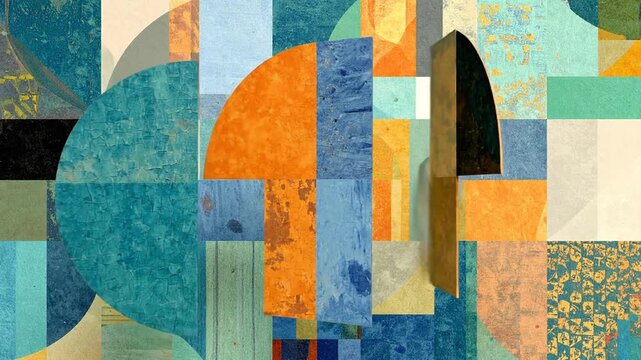 A mosaic of geometric shapes and textures, in shades of blue, green, orange, and yellow