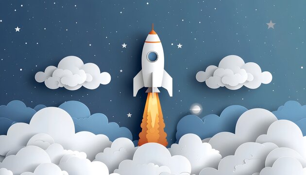 Creative paper cut style illustration of a white rocket ship launching into space. Concept of business startup, financial success, and technology exploration among stars and clouds.

