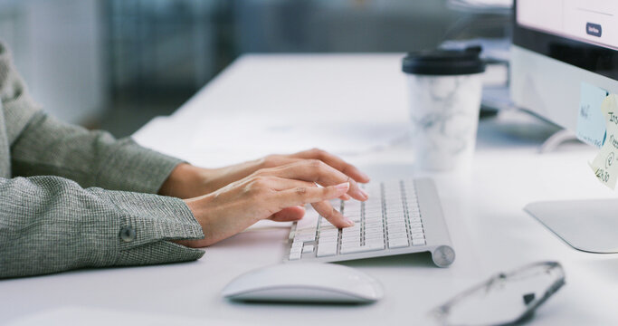 Hands, keyboard or business person typing email, online schedule or review for event planning. Computer, writing report and organizer in office for venue, vendor listing or research information