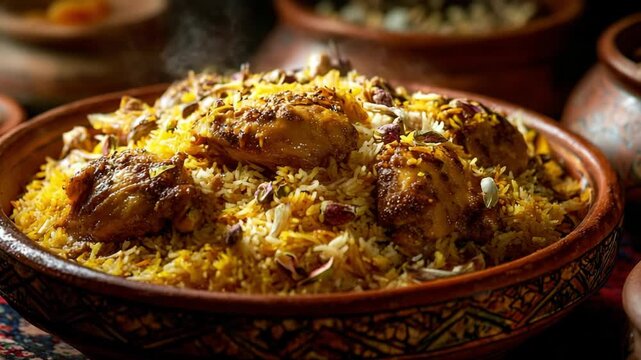 Steaming hot chicken biryani in a traditional bowl. Close-up of a delicious Indian rice dish with chicken and pistachios. Authentic Middle Eastern cuisine concept