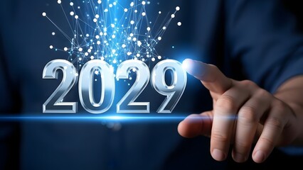 Person touching a futuristic 2029 hologram with sparkling effects.