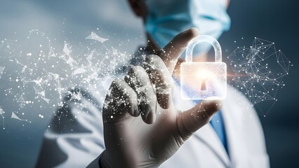 Person wearing protective gloves holding a glowing digital lock pad