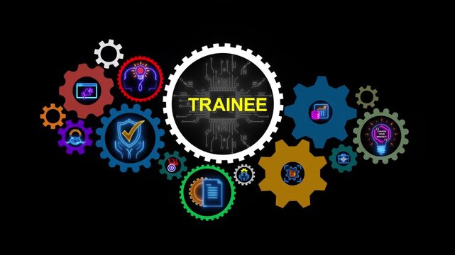 Glowing neon line banner of TRAINEE concept with icons of internship, apprentice, training, mentor, support, cooperation and improve isolated on black background.