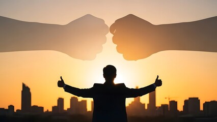 Silhouette of a successful man standing with hands raised against a vibrant city sunset backdrop