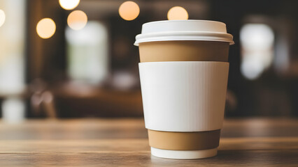 A disposable coffee cup with a white sleeve and lid on a wooden table in a blurred cafe background.