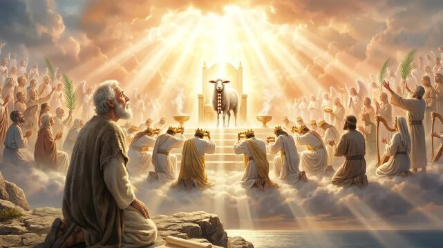 The Lamb of God on the throne in heaven from the Book of Revelation. Angels and elders cast their crowns in worship. A celestial vision of biblical prophecy