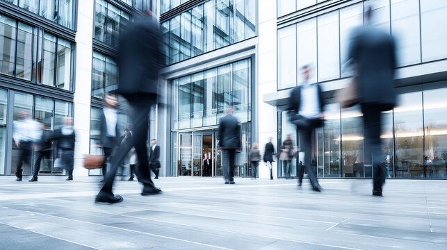 blurred motion of business people walking in front of a modern glass office building facade, professional urban lifestyle and corporate architecture concept in a bright metropolitan setting.